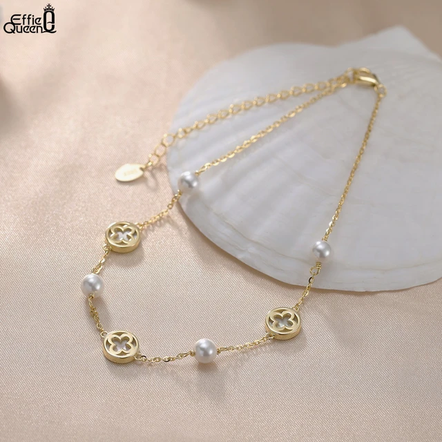 Effie Queen 925 Silver Four-Leaf Clover Anklet With Shell Pearls Customizable Lucky Clover Jewelry, Gift for Anniversary GMA06