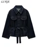 Vintage Belt Denim Jacket Pants Set Women Lapel Single Breasted Jackets Pockets Straight Jeans 2025 Spring Lady Street Outfits 5