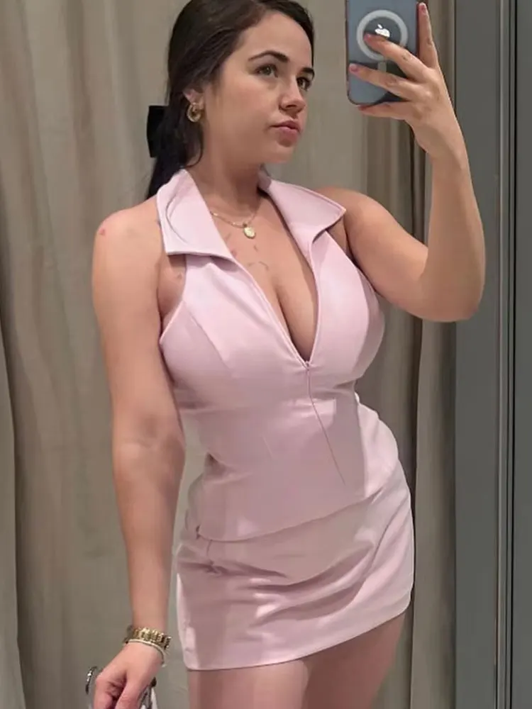 HH Women Casual Skirts Shorts Set Chic Halter Shirt Neck Backless Top & Shorts Sweet Pink Summer Sexy Shorts Sets