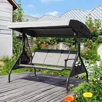 Outdoor Patio Swing with Adjustable Canopy, 3 Seat Outdoor Porch Swing with Cup Holders, Waterproof Textilene Swing Chair 1
