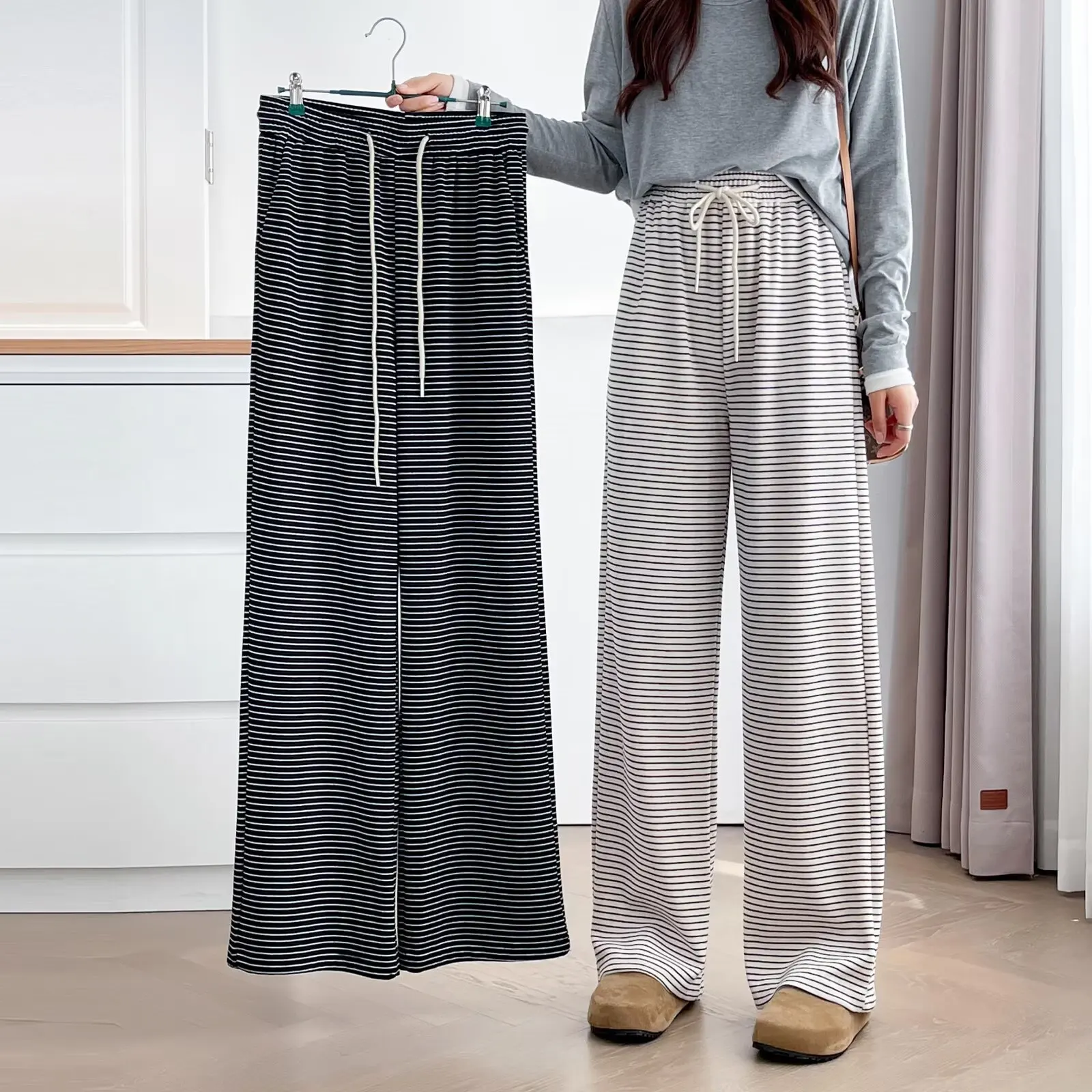 Plus Size Women's Straight Leg Pants New Simple Drawstring Hight Waisted Striped Trousers Autumn 2025
