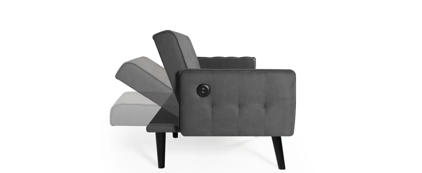 Description Picture 4 of item65“ Convertible Futon Sofa Bed w/ 2 USB, Upholstered Tufted Adjustable Folding Couch Loveseat, Modern Mid Century Sleeper Sofa