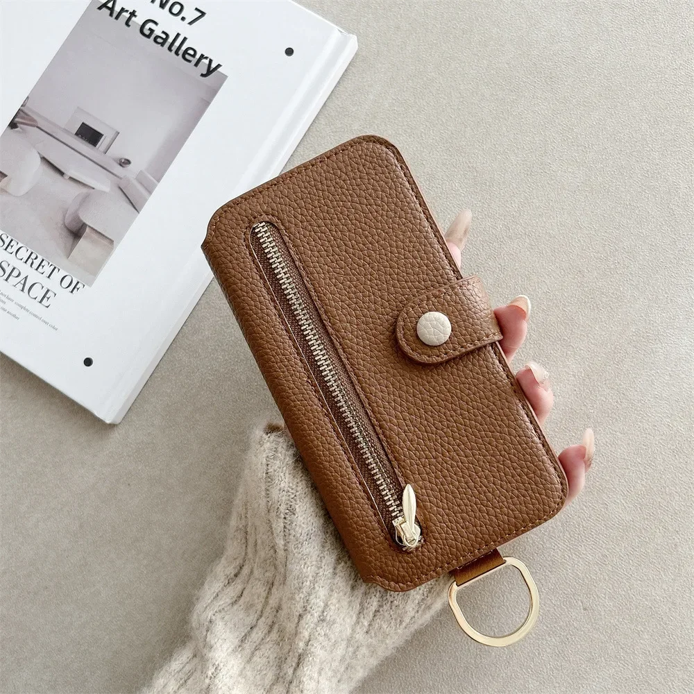 Leather Flip Phone Case with Wrist Strap and Card Holder Wallet - Protective Cover