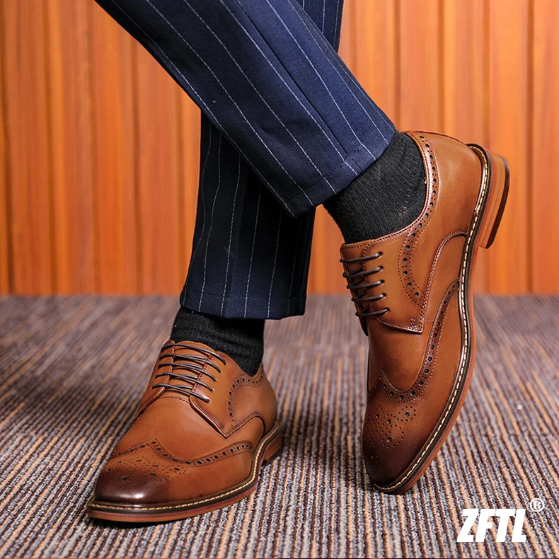 Men brogue shoes genuine leather man formal business shoes all match derby handmade cow leather wedding shoes