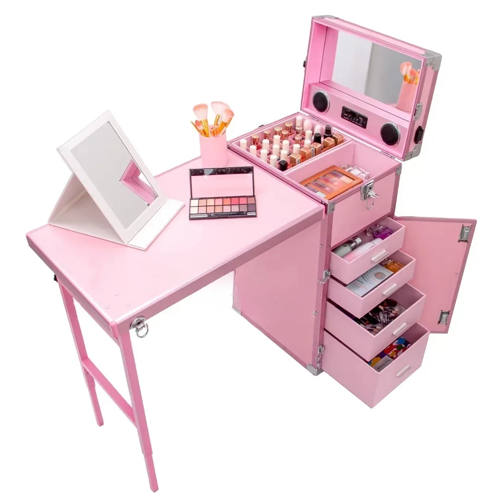 

Custom Pink Nail Table Rolling Case Beauty Salon Manicure Table Makeup Station Nail Artist Cosmetic Trolley Case