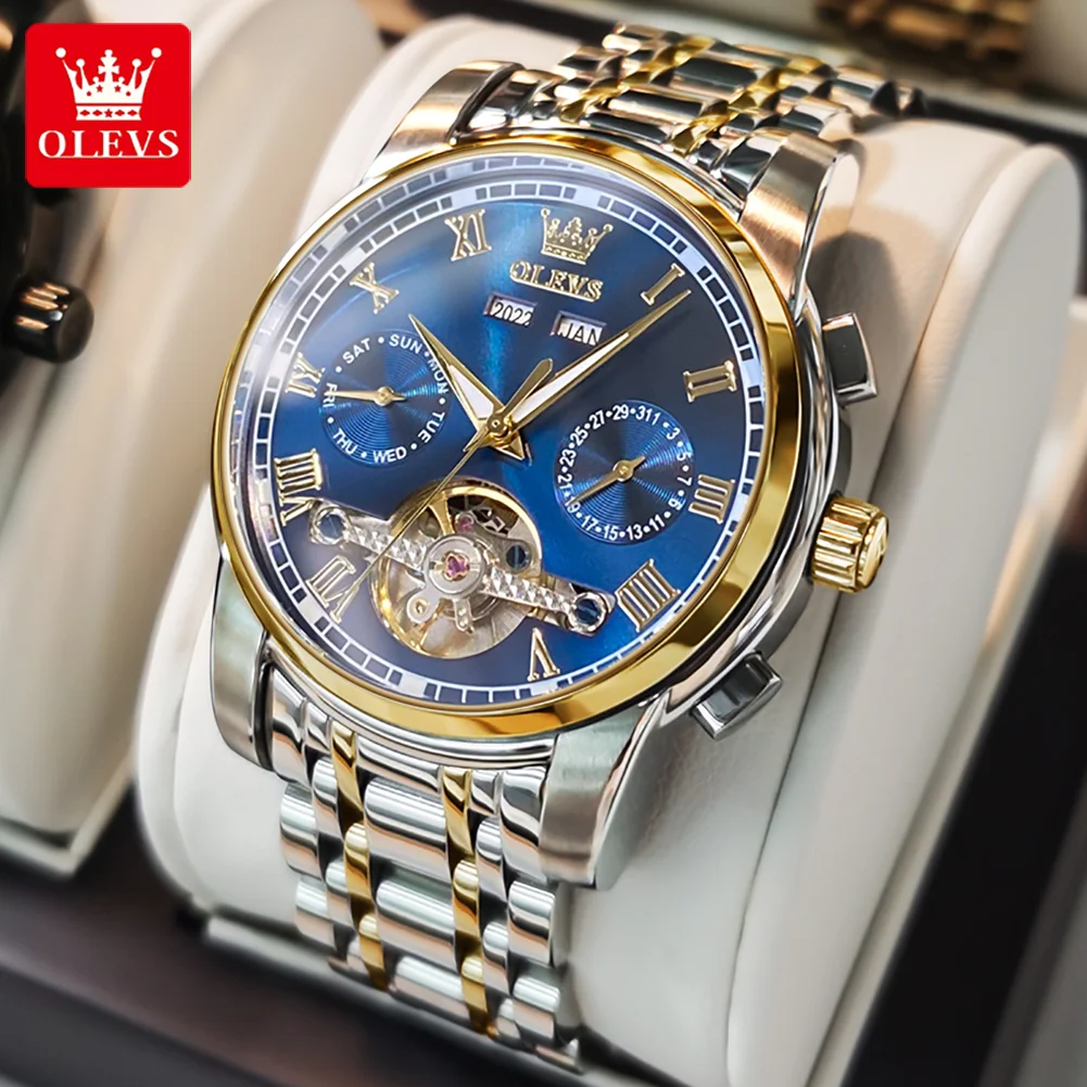 OLEVS Automatic Mechanical Watch for Men Week Calendar Skeleton Hollow Wristwatch Stainless Steel Classic Business Men's Watches