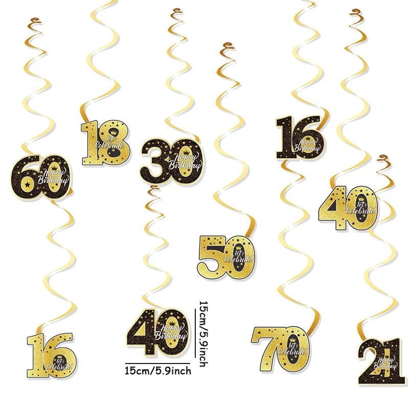 6Pcs 16/18/21/30/40/50/60/70 Years Old Birthday Party Spiral Garlands Swirl Banner Pendants Birthday Party Ceiling Hanging Decor