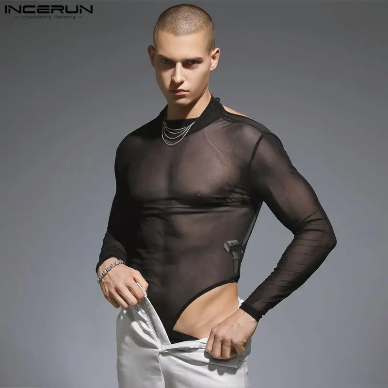 Men Bodysuits Mesh Transparent Backless Solid Lace Up Rompers Streetwear O-neck Long Sleeve 2023 Fashion Bodysuit Men INCERUN