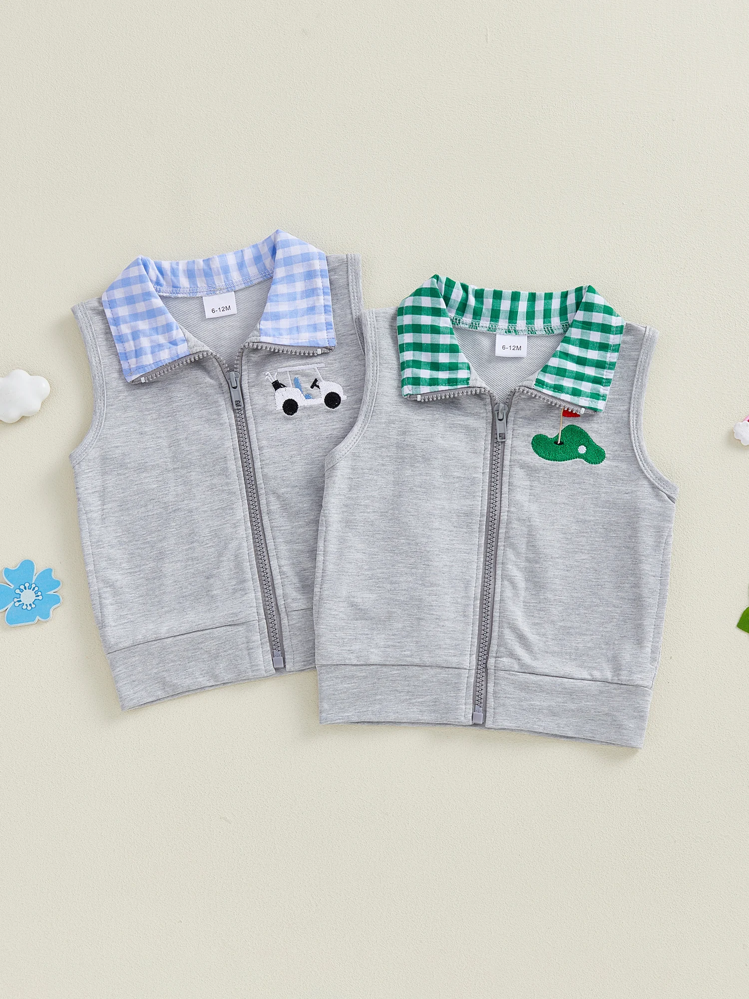 Infant Toddler Unisex Sleeveless Coat with Lapel Collar and Golf Embroidery Zipper Closure Outerwear for Boys and Girls