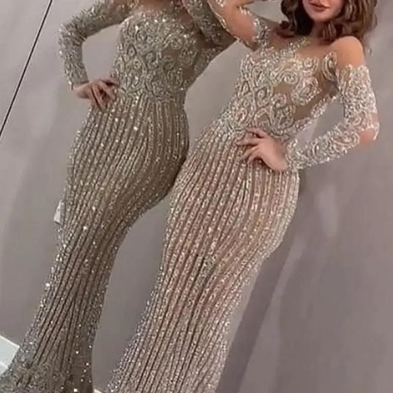 

Winter Women's Sexy High Waist Bodycon Dress Bronze Ball Dresses Female Dinner Party Long Sleeve Full Length Dress Shiny Sequins