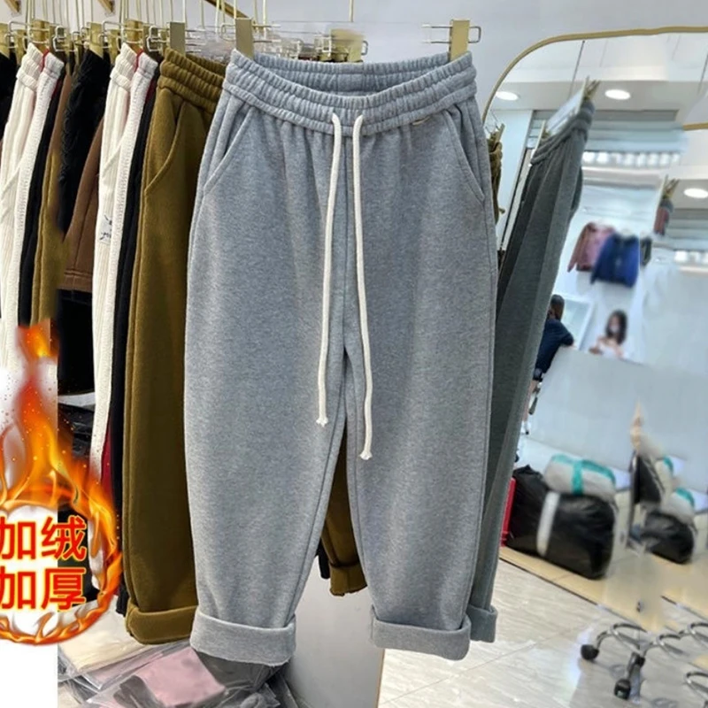 Fleece Lined Wide Leg Pants Women Autumn Winter Warm Casual Ankle-Length Pants All-Match Plus Velvet Oversized Sweatpants Loose