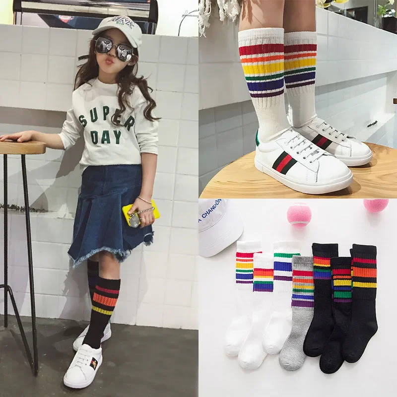 Kids Knee High Stripe Cotton Socks Girls Boys Football Sports School White Socks Skate Children Baby Long Tube Leg Warm