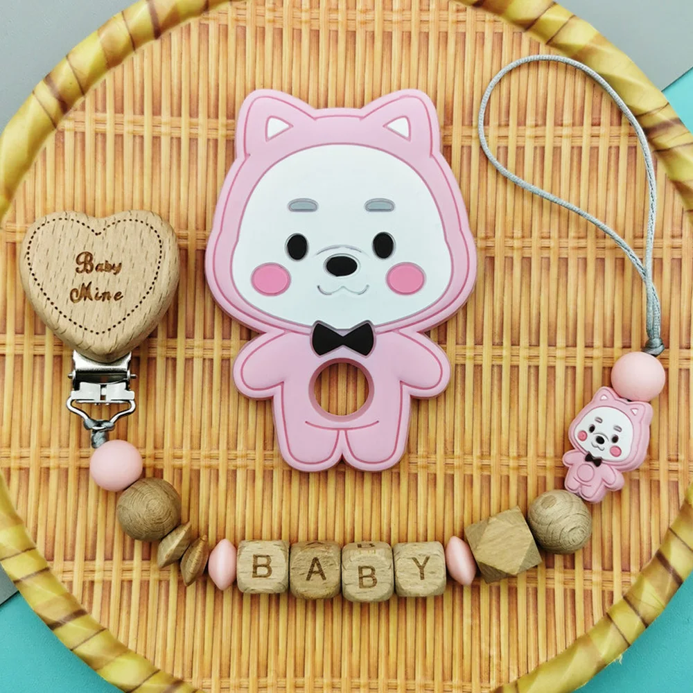 Customizable Beech English Letter Name Baby Silicone Pig Pacifier Clip Chains Teether Pendants Baby Pacifier Kawaii Teether Gift