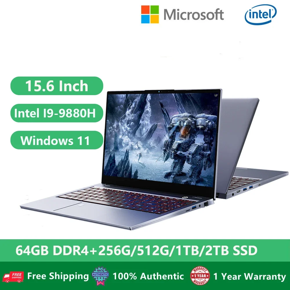Игровые ноутбуки, ноутбуки, геймерский компьютер, ПК Windows 11 15,6 дюйма, процессор 9-го поколения Intel I9-9880H 64 ГБ, двойной слот DDR4 M.2 SSD с подсветкой Wi-Fi