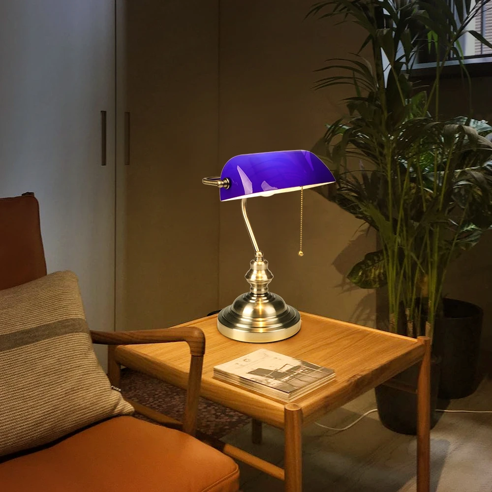 Blue Glass Bankers Desk Lamp BrightExecutive Table Lamp Bronze Finish Basis withPull Chain Switch E26 for Bedroom BedsideHome