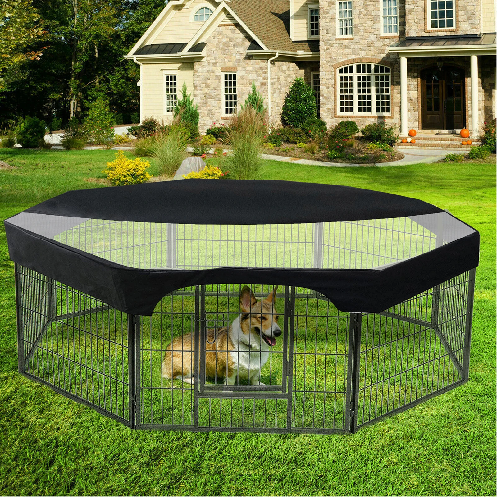 24 Inch Pet Playpen Cover 8 Panels Octagonal Pet Fence Mesh Cover Dog Playpen Sun Protection Shade Cover Waterproof Dog Playpen
