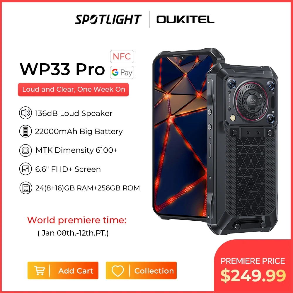 Oukitel Wp33 Pro 5G Smartphone Robusto 22000Mah 6.6 "Fhd + Cellulare 24Gb 256Gb Telefono Cellulare 64Mp Fotocamera 33W