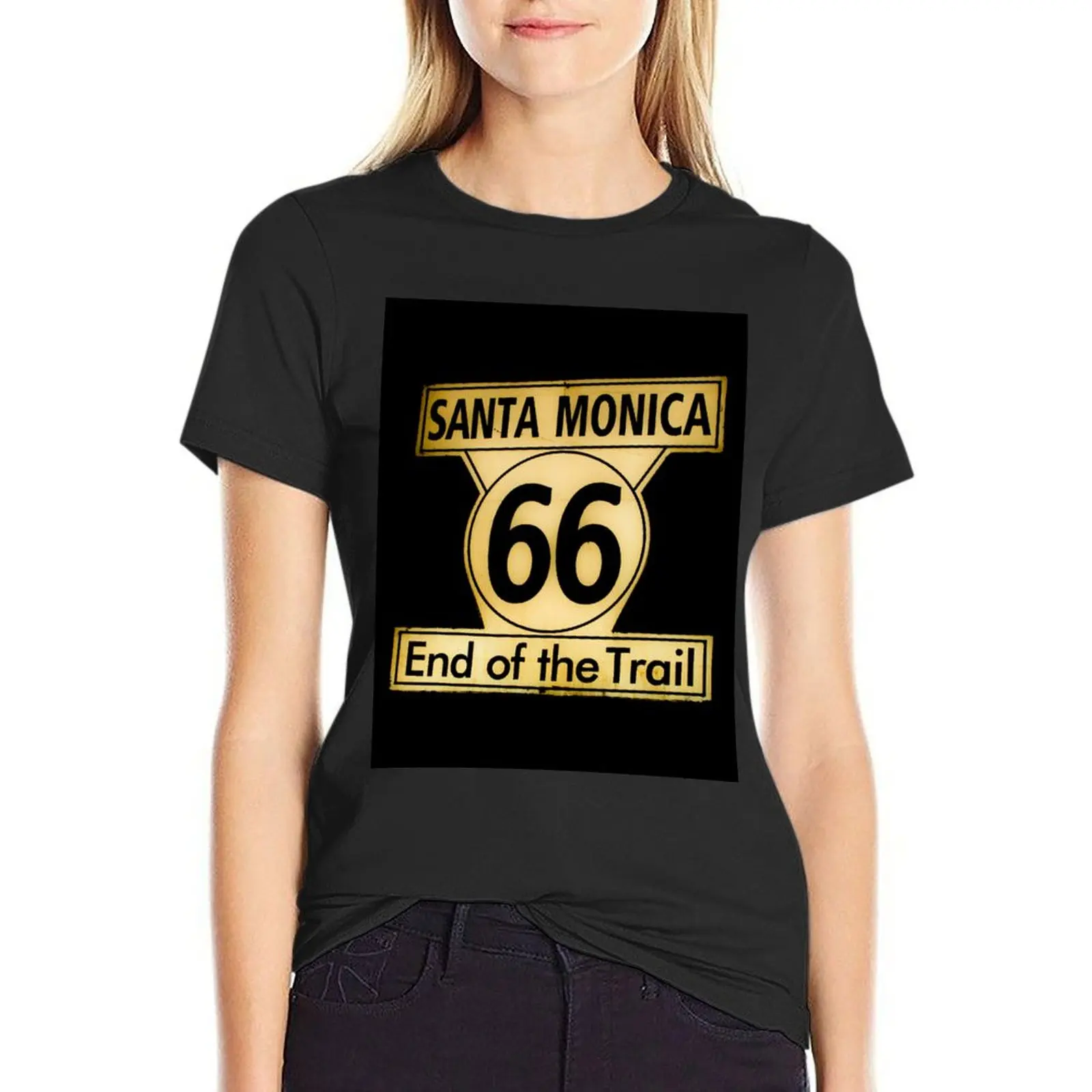Route 66 End of the Trail at Santa Monica Pier, California, USA T-Shirt quick drying black t shirts for Women