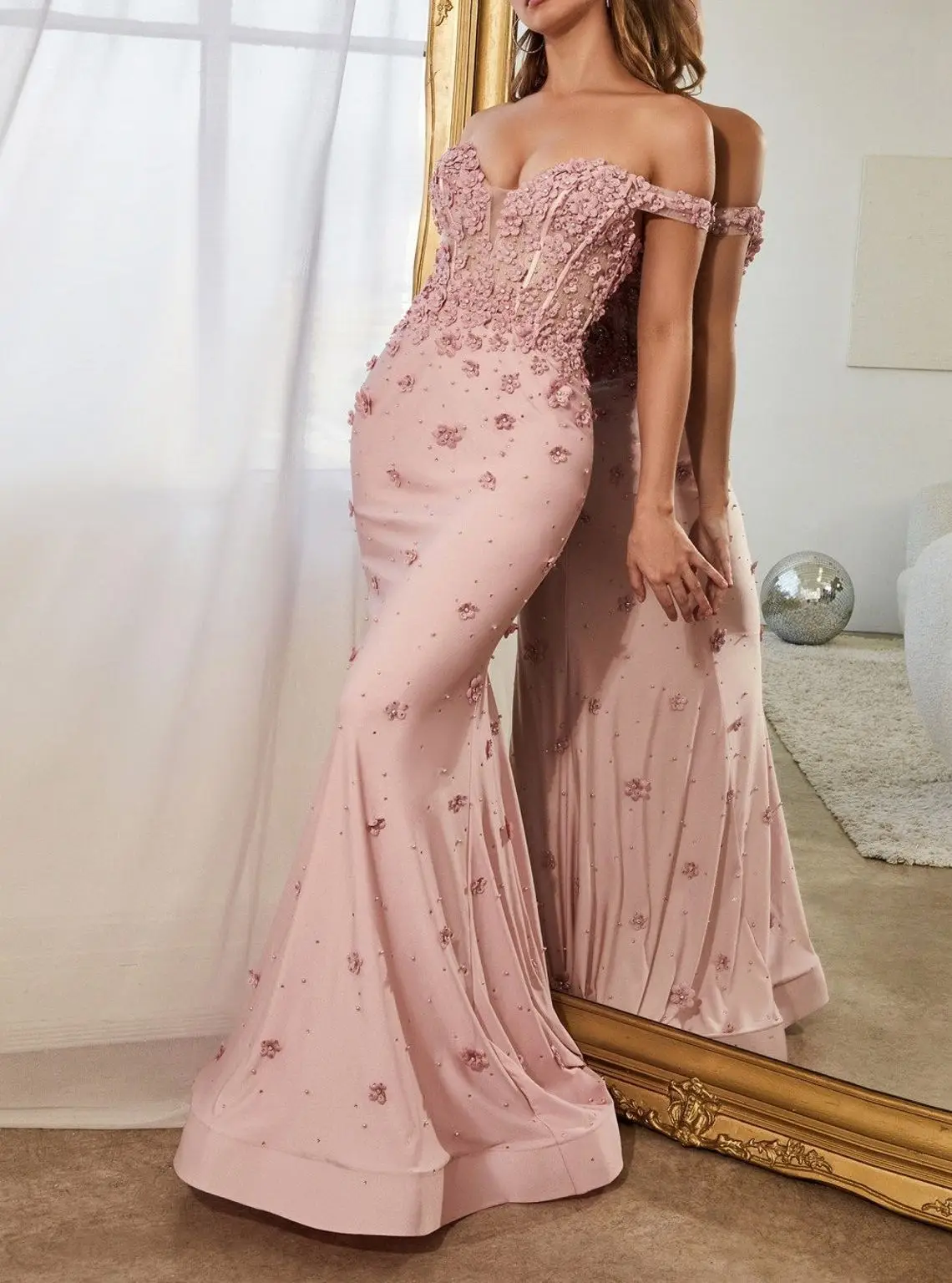 

Pink Evening Dresses Blue Burgundy Off Shoulder Flowers Beaded Crystal Mermaid Long Floor Length Sweep Train Formal Prom Gowns