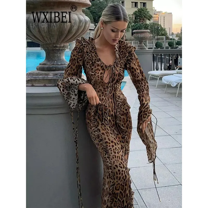 

Женское платье с леопардовым принтом WXIBEI, сексуальное платье с разрезом и оборками, на шнуровке, с V-образным вырезом и длинным рукавом, 2024, элегантная женская уличная одежда, 03A013