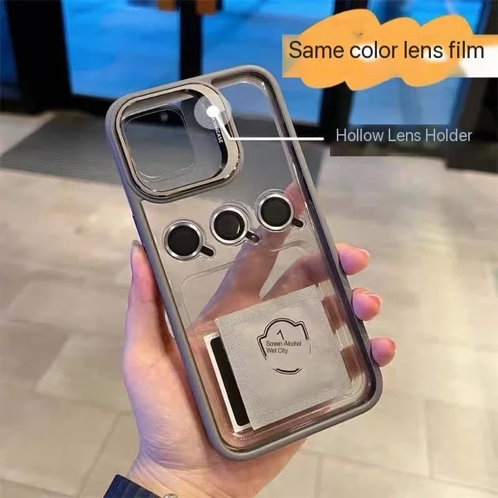 Lens Metal Ring Protector Stand Phone Case with Camera Glass Protection and Transparent Cover