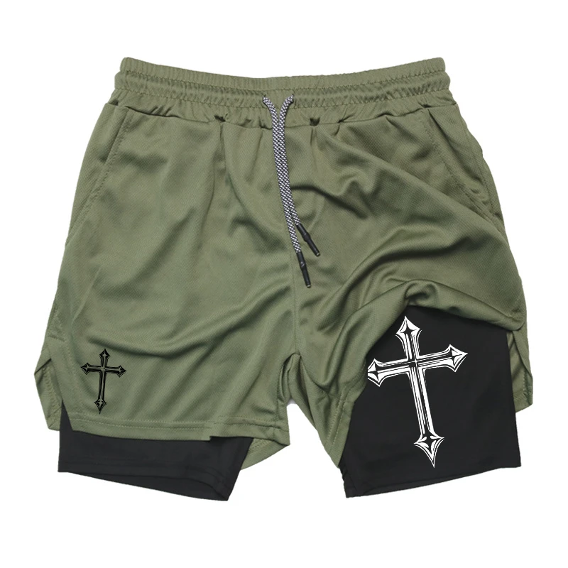 Men's cross printed 2-in-1 training shorts with compression lining, Christian gym sports shorts, phone pocket, towel buckle, run 5