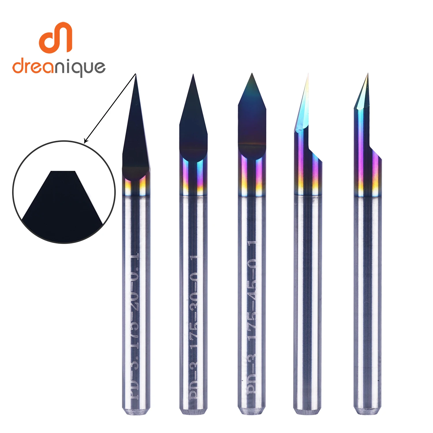 Dreanique 5 Stück/Set Flachboden-Hartmetall-PCB-Gravierfräser 3,175 mm DLC-beschichtet 30 60 90° 0,1 0,2 0,3 mm Spitze V-Nut-Fräser
