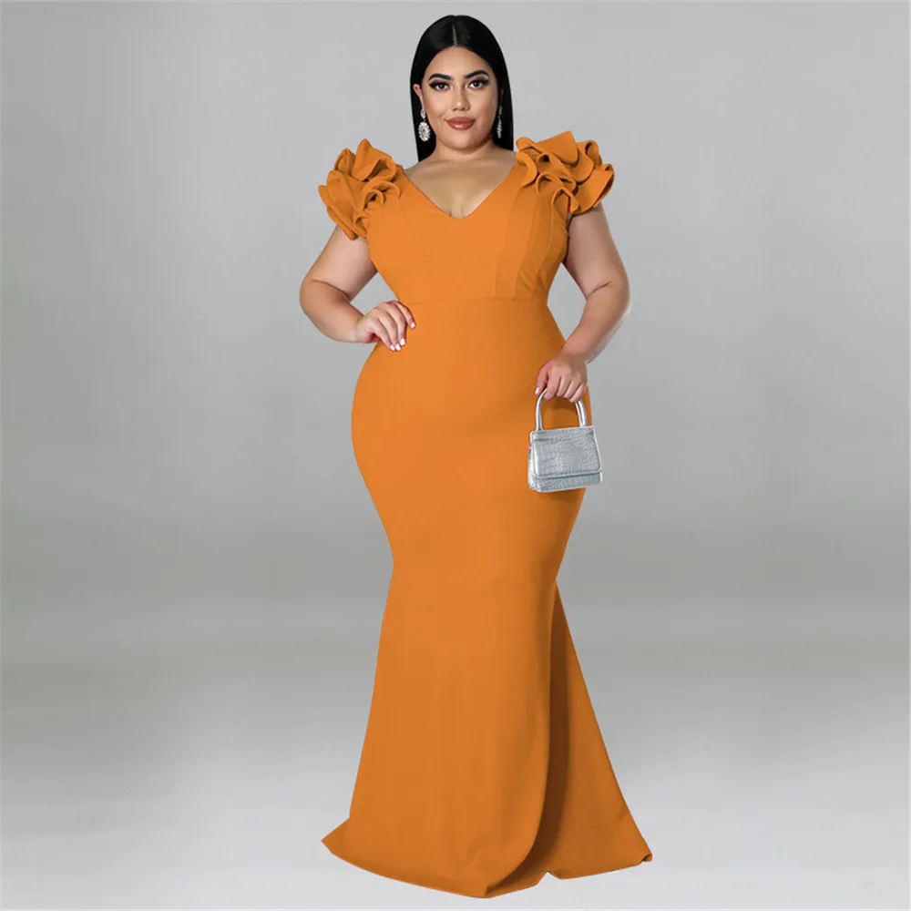 Wmstar Plus Size Dress Women Party Slip Hem Ruffle Sleeve Sexy Elegant Maxi Dresses Birthday Club Outfits Wholesale Dropshipping