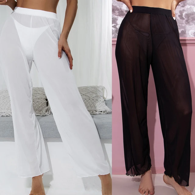 Pantalones de malla con volantes para mujer, pantalón Sexy transparente de  pierna ancha, transparente, para playa y vacaciones, novedad - AliExpress