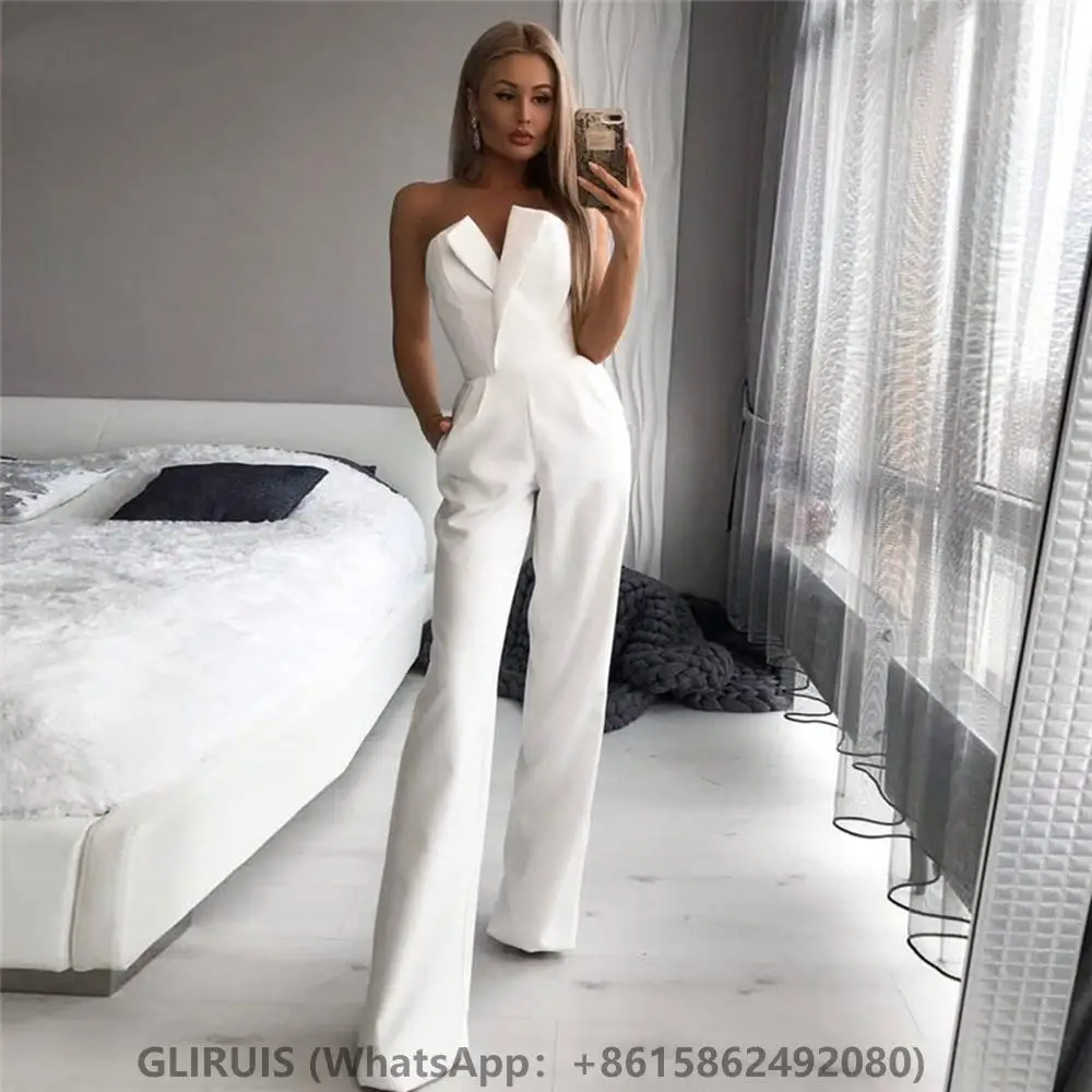 

2023 Evening Formal Party Jumpsuits for Women Zipper Back Pockets Long Prom Pants Suit Bride Robe De Soirée Femme