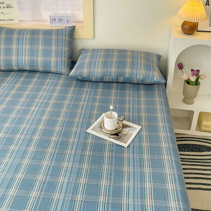 1pc 100%Cotton Bed Sheet with Elastic Band Japanese Style Plaid Printed Fitted Sheet Single/Queen/King  Bedsheet for Double Bed 5