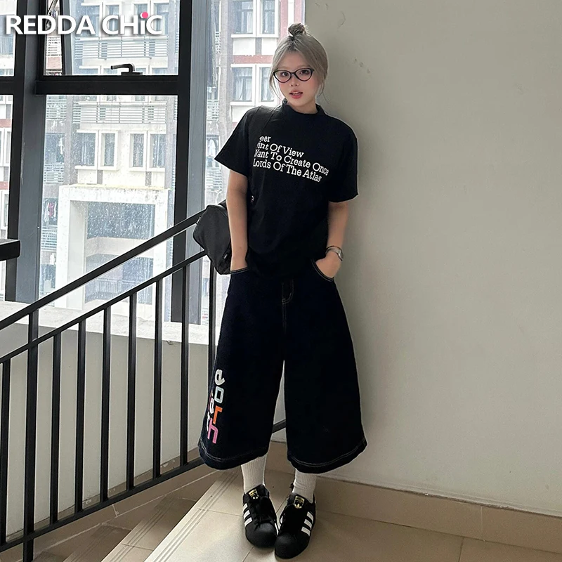 

Женские мешковатые шорты REDDACHiC, синие свободные повседневные джинсовые шорты с рисунком букв и заниженной талией в стиле ретро, уличная одежда Y2k