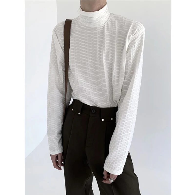 Fall Winter High Neck All-match Plaid Texture Casual Long Sleeve Men Harajuku Fashion Oversized 2023 Trend Solid Vintage 90s Top