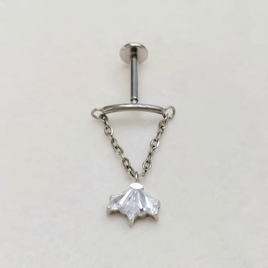ASTM F136 Titanium Drop Pendant CZ Stud Earring with Dangle Chain Helix Cartilage Tragus Lip Flat Back Piercing 16G