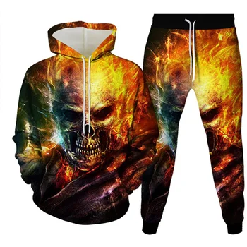 Nuovi set di tute da uomo Goth Punk Skull Fire felpe con stampa 3D pantaloni tuta scheletri di alta qualità Pullover Streetwear Oversize 1