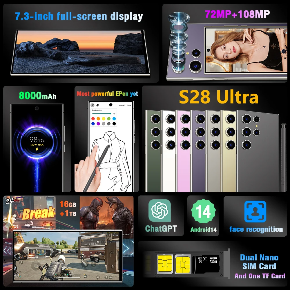 새로운 2026 핫 실리콘 케이스 S28 울트라 7.3인치 24GB+2TB 5G 7800mAh 108MP 타입-C PC용