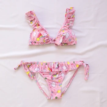 2025 Unicorn Print Girls Bikini Set Teenager Swimwear Ruffle Bandage Style Three Color Beach Wear With Padded