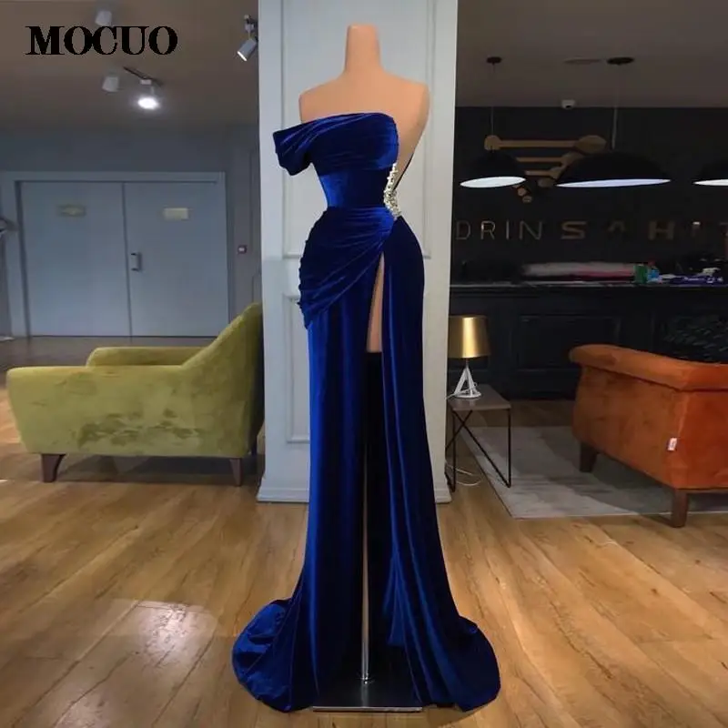 

Royal Blue Mermaid Long Evening Dresses Long robe de soiree Velvet One Shoulder Formal Gowns