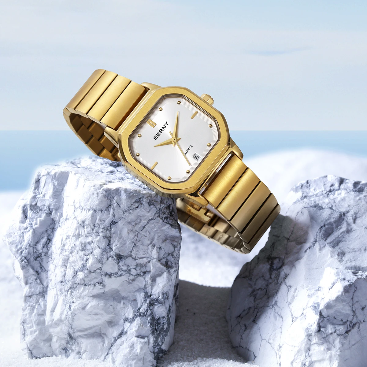 BERNY Goldene Uhren für Herren, goldene klassische quadratische Quarz-Herrenuhr, komplett aus Edelstahl, stilvolle, wasserdichte Armbanduhr – Detail 8