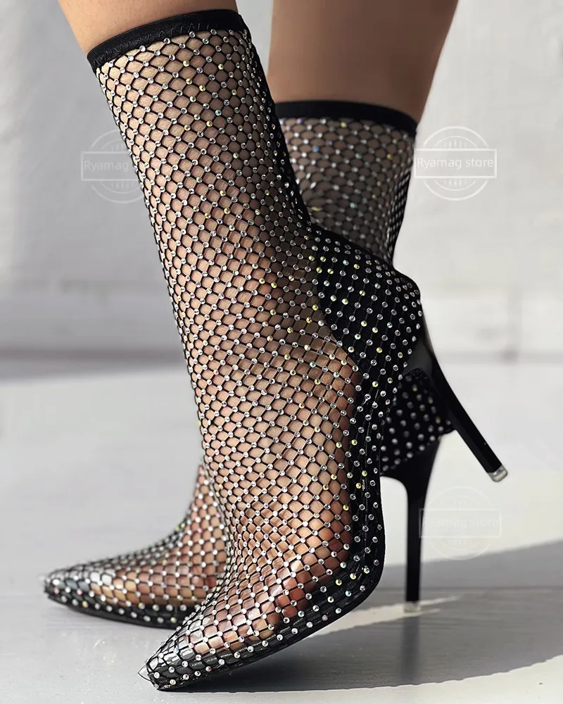 Sandals Women's Fishnet Mesh Rhinestone Stiletto Heel Boots
