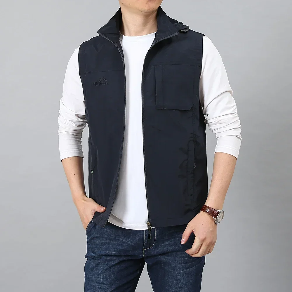 Men Summer Sleeveless Vest Men Multi Zipper Pocket Outdoor Photographer Travel Waistcoat Hat Detachable Vests Plus Size 7XL 5
