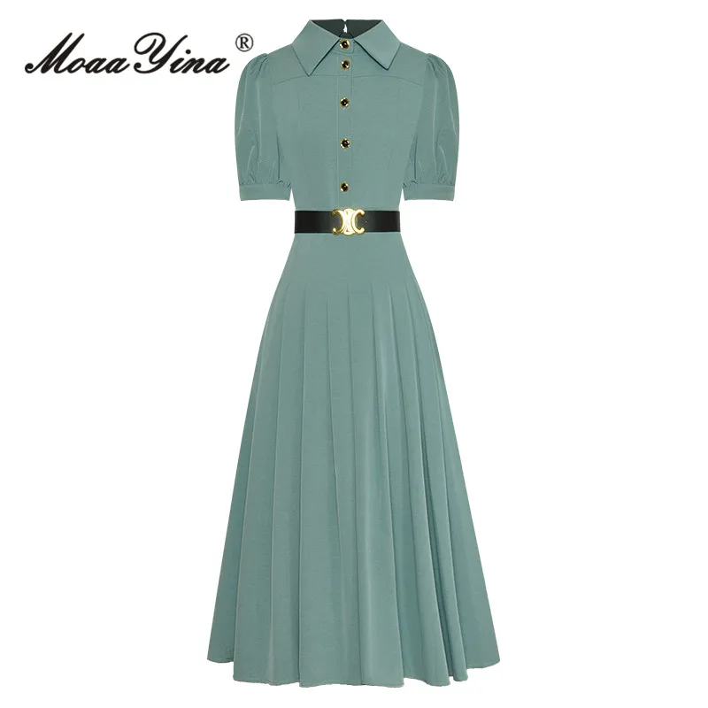 

MoaaYina Summer Fashion Designer Women's Midi Dresses Vintage Solid Turn-down Collar Short Sleeve Button Sashes Pleated Dress