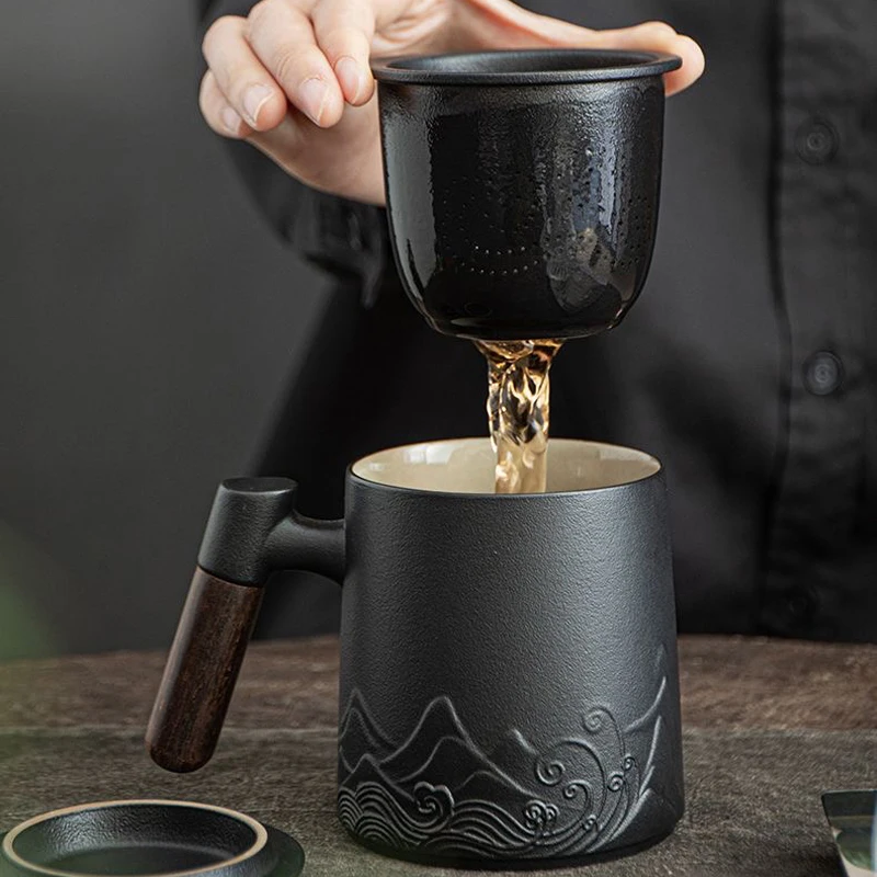 Creative Ceramic Gradient Color Tea Cup, with Cover, Chinese Style Office Supplies, Handle, Tea Water Filter Separation Mug, 1Pc