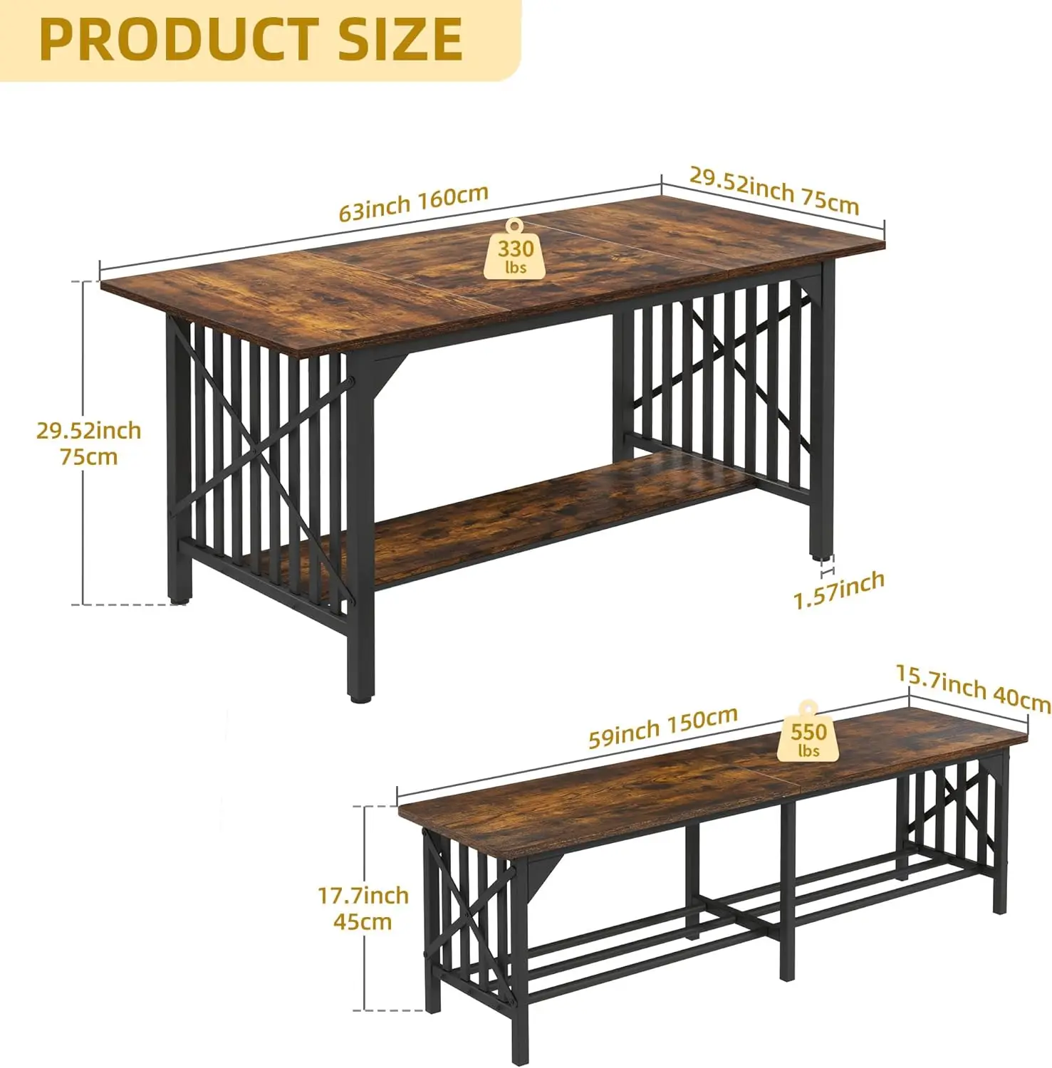 DWVO 3-Piece Dining Table Set for 4-6 People, 63\