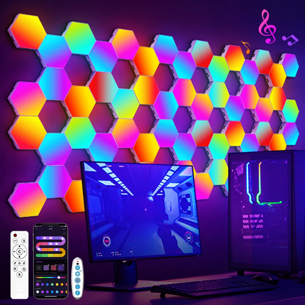 RGB Smart Hexagonal Wall Lamp Color changing Ambient Night Light DIY Shape Music Rhythm APP For Game Room Bedroom Intelligent