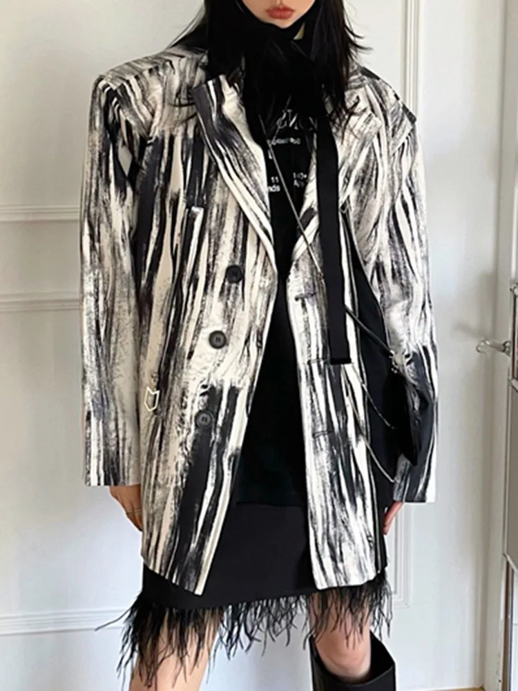 BZVW Grey White Graffiti Suit Jacket Women's 2023 Spring Autumn Versatile Zipper Spliced Designer Fashion Blazers Coat 25X3496