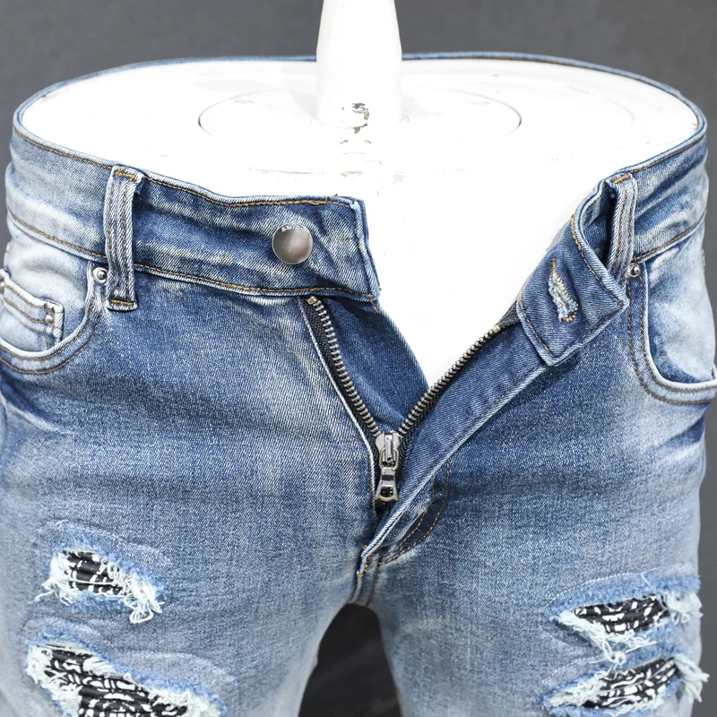 Street Fashion Men Jeans Retro Washed Blue Elastic Stretch Skinny Fit Hole Ripped Jeans Men Patched Designer Hip Hop Brand Pants