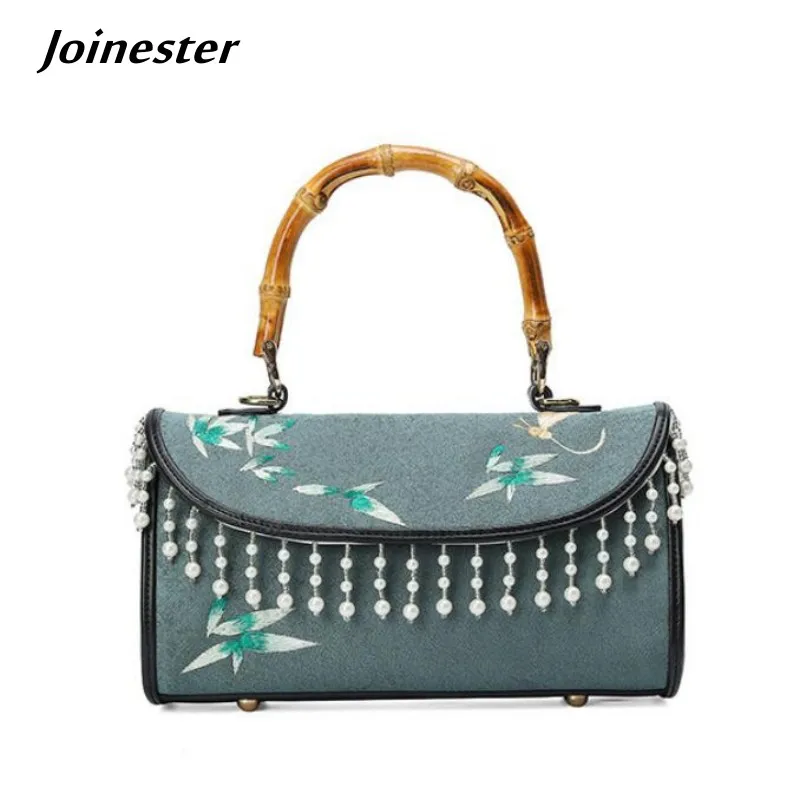 

Ethnic Style Top Handle Silk Handbag with Tassels Vintage Embroidered Flap Clutch Purse for Ladies Elegant Shoulder Bag