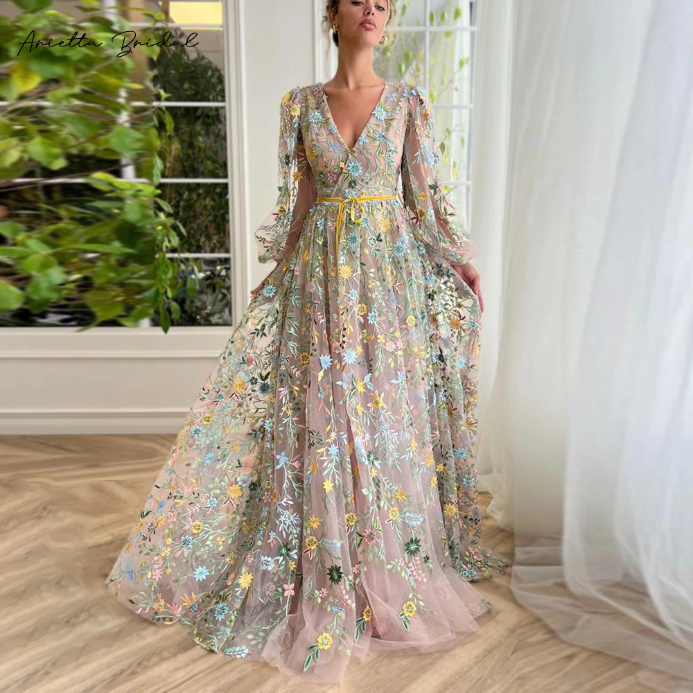 Color-block Floral Print A-Line Maxi Prom Dress