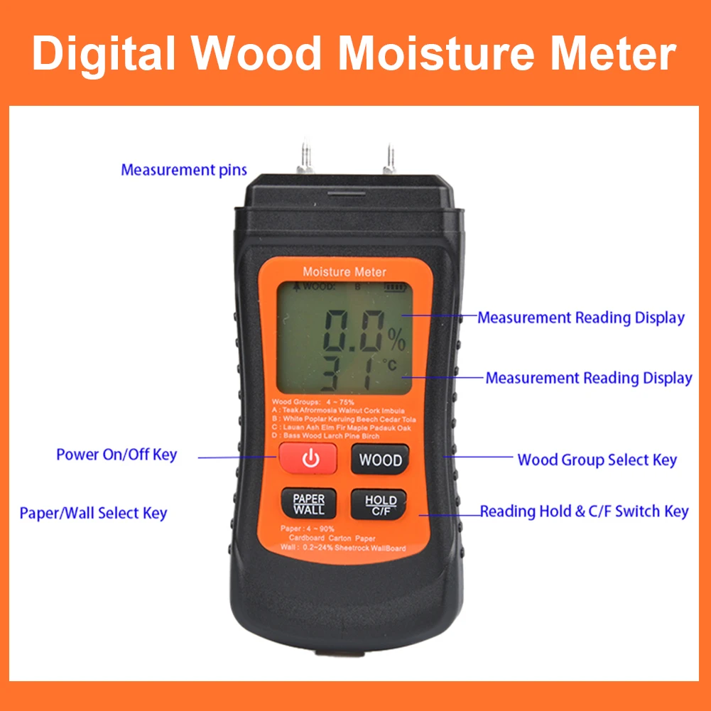 Digital Wood Moisture Meter with Temperature Display